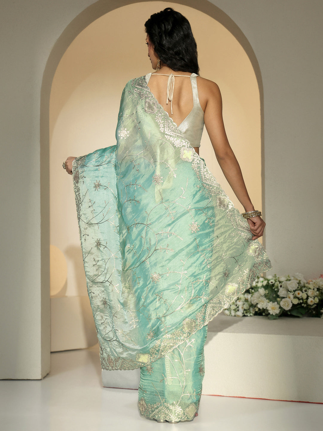  Libas Sea Green Floral Embroidered Tissue Saree 