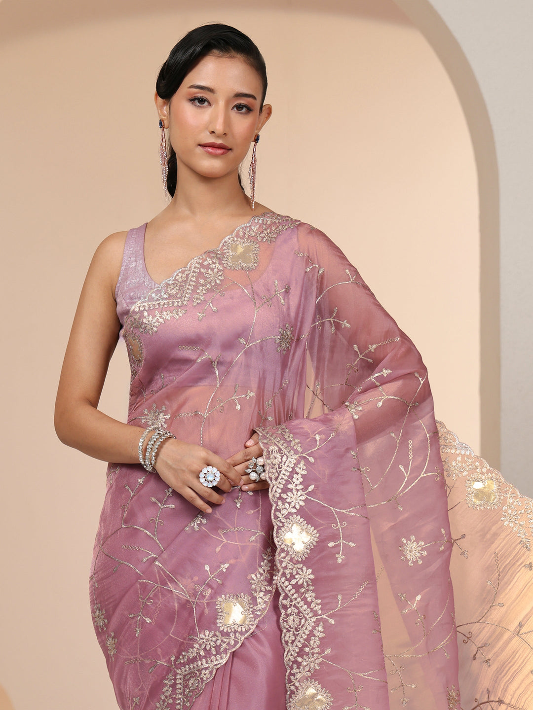  Libas Dusty Rose Pink Floral Embroidered Tissue Saree 