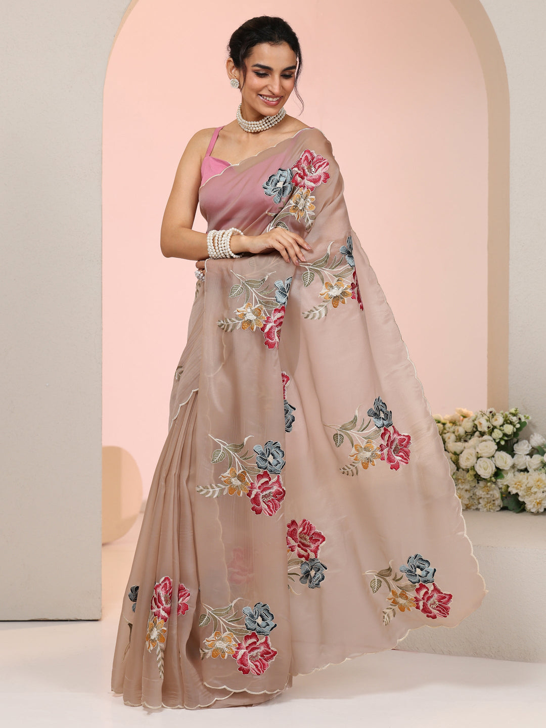  Libas Beige Floral Embroidered Tissue Saree with Scalloped Border 