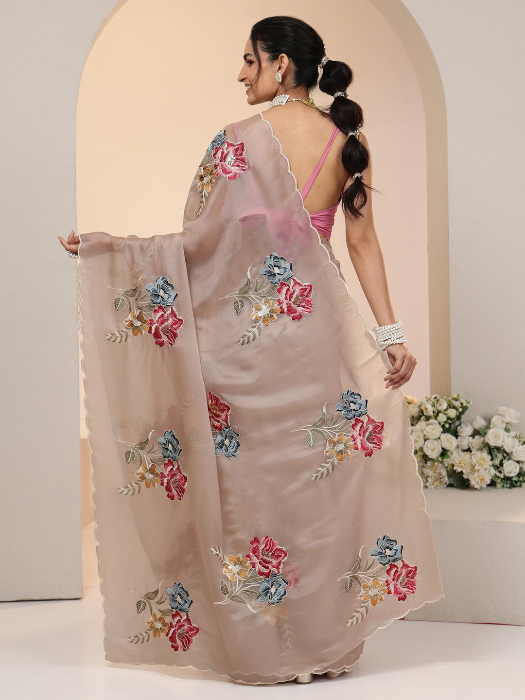  Libas Beige Floral Embroidered Tissue Saree with Scalloped Border 