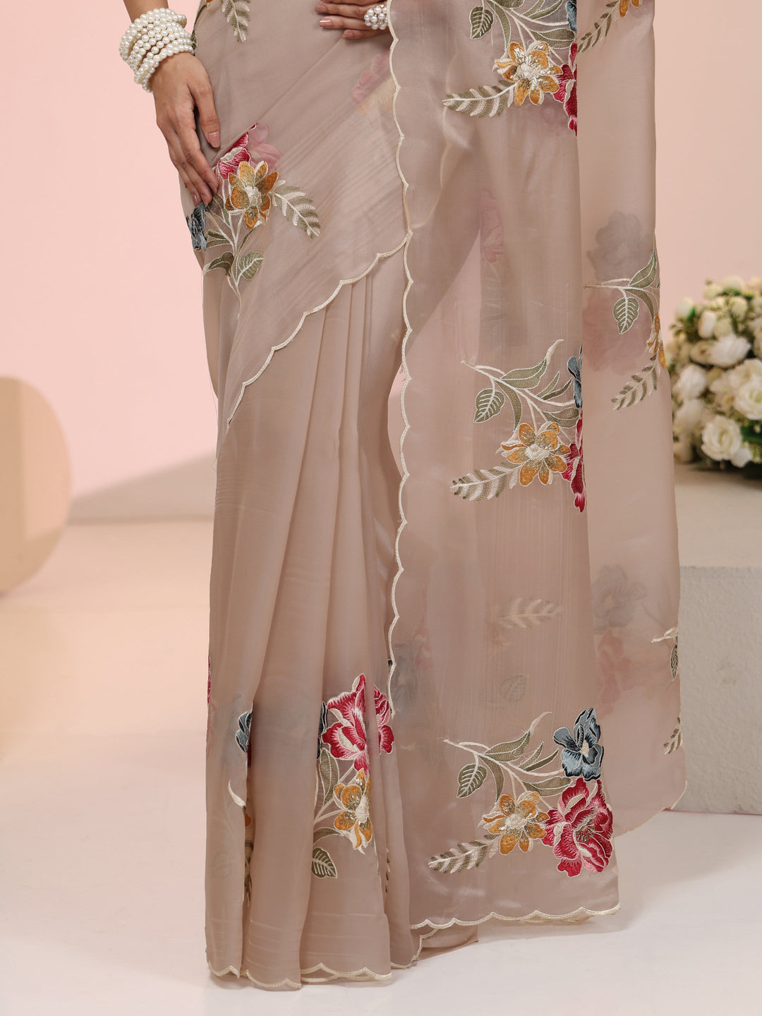  Libas Beige Floral Embroidered Tissue Saree with Scalloped Border 