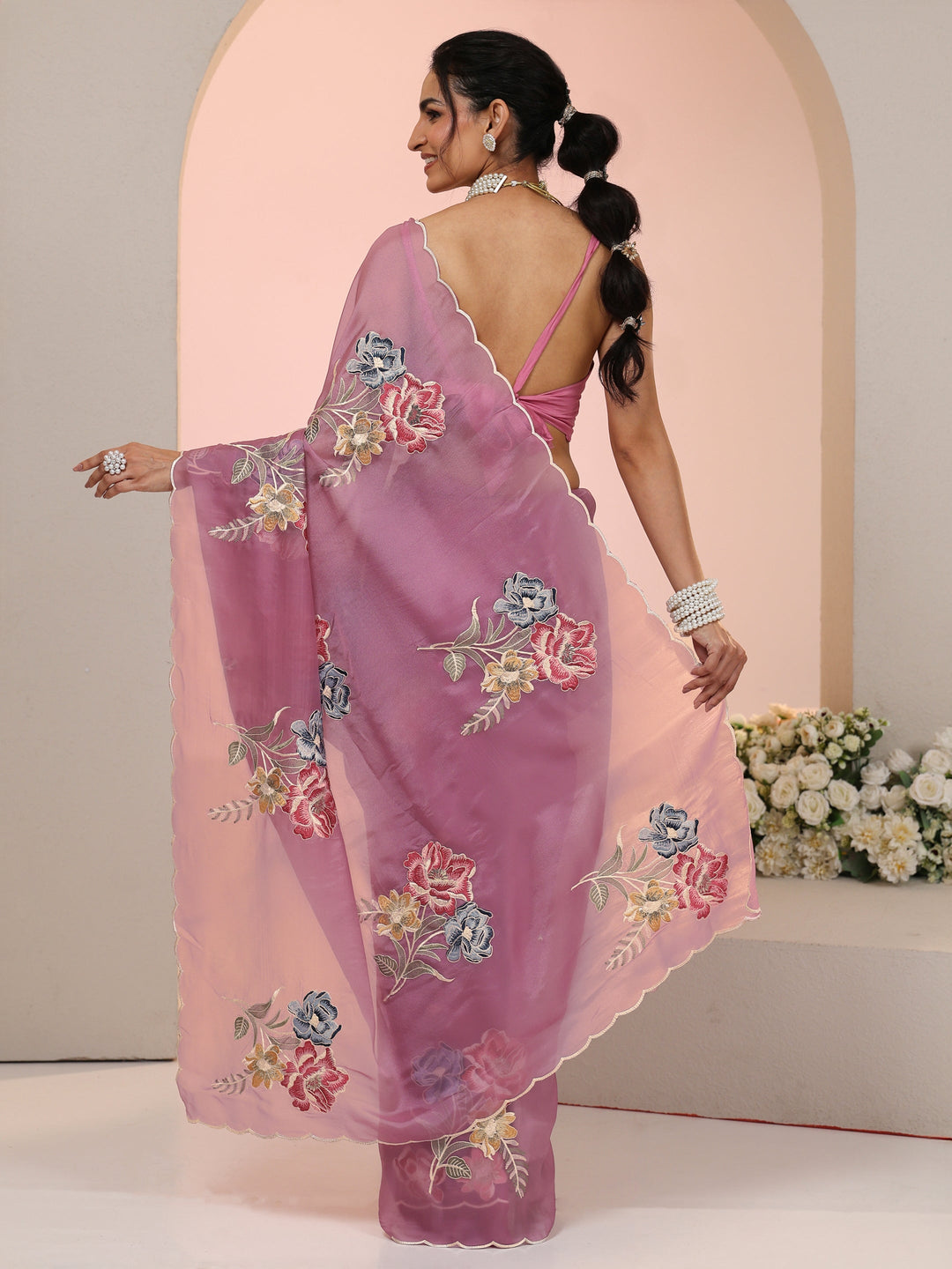  Libas Mauve Floral Embroidered Tissue Saree with Scalloped Border 