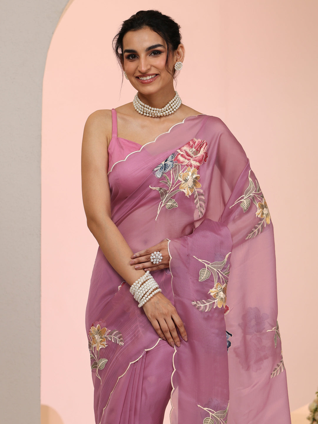  Libas Mauve Floral Embroidered Tissue Saree with Scalloped Border 