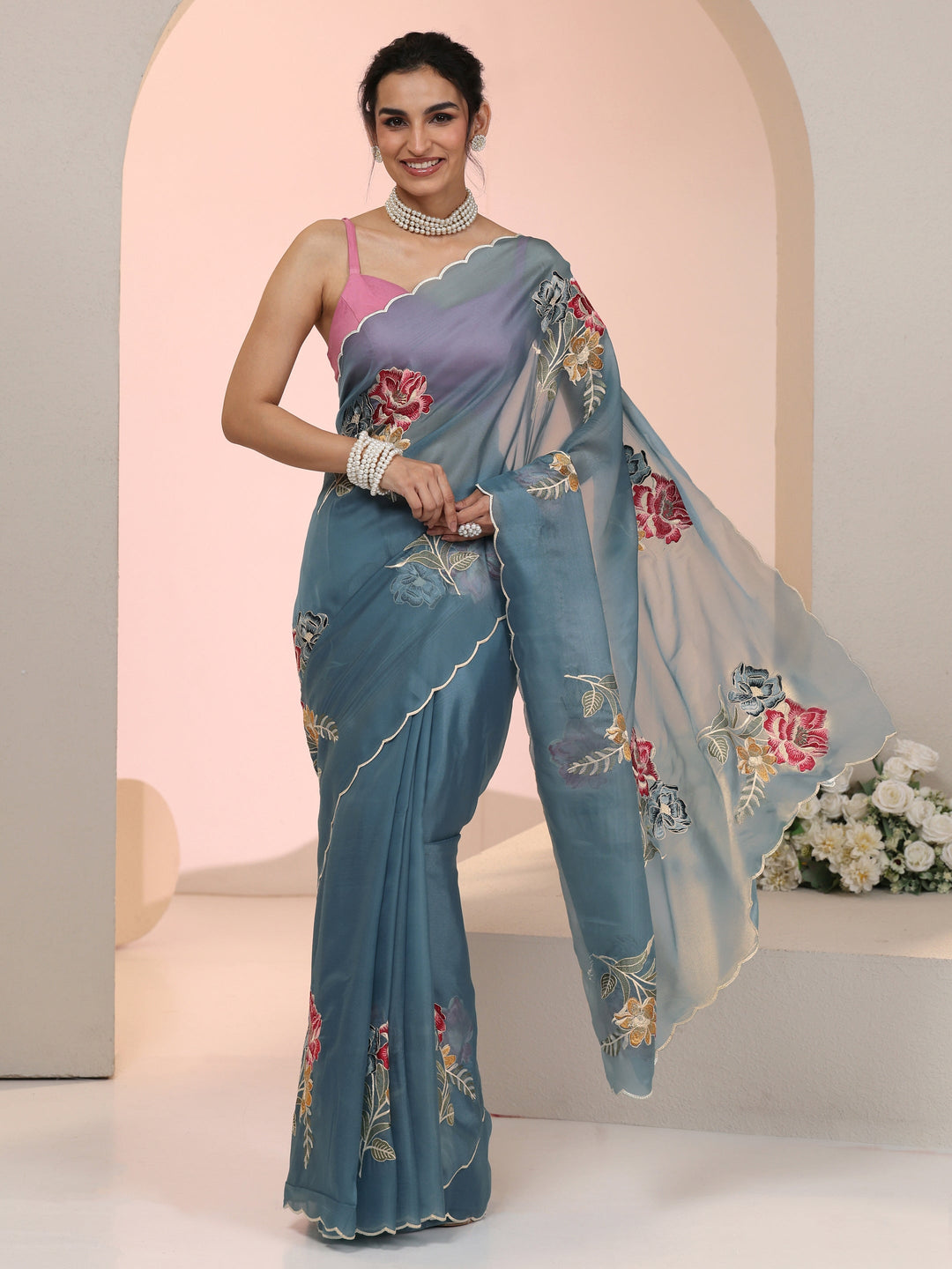  Libas Steel Blue Floral Embroidered Tissue Saree with Scalloped Border 