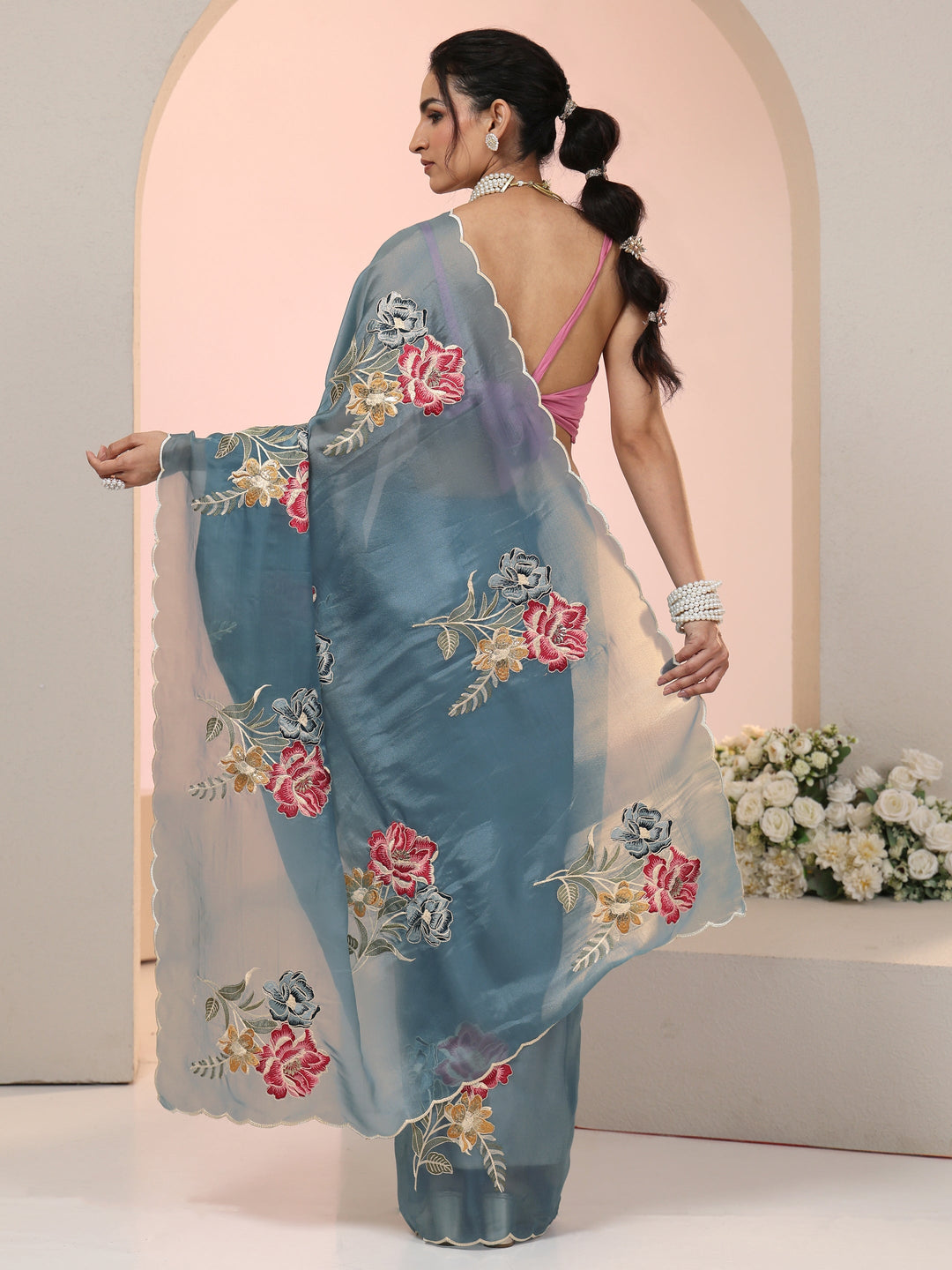  Libas Steel Blue Floral Embroidered Tissue Saree with Scalloped Border 