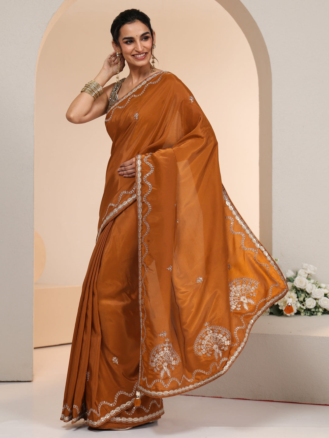  Libas Rust Embroidered Silk Blend Saree 