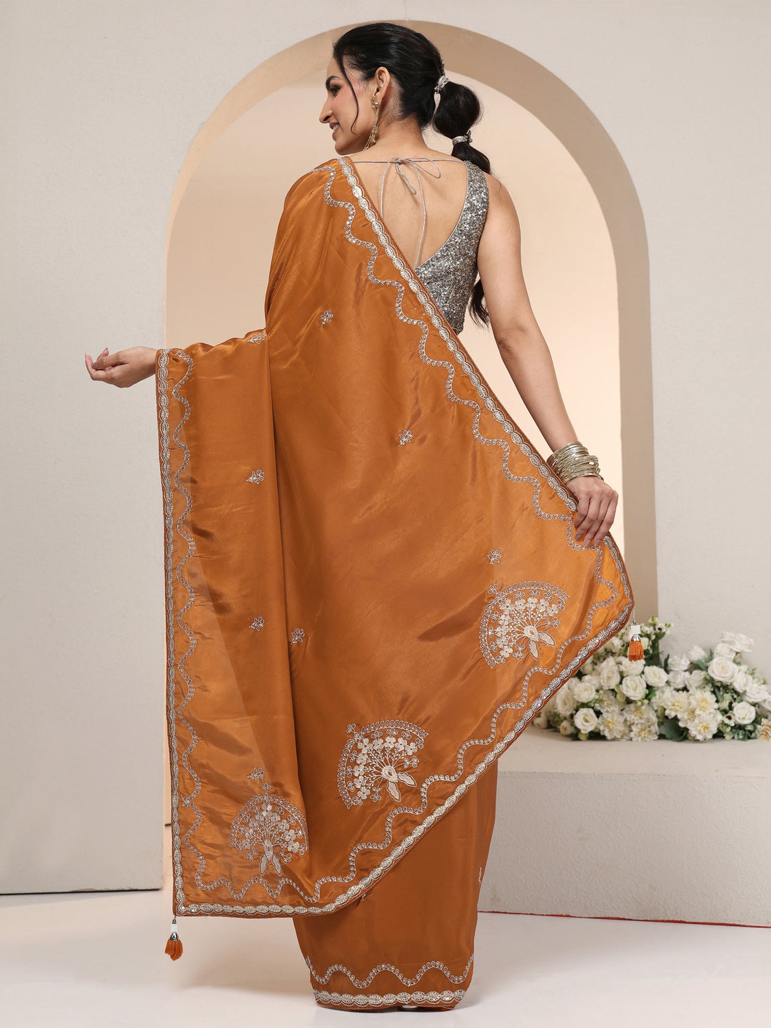  Libas Rust Embroidered Silk Blend Saree 