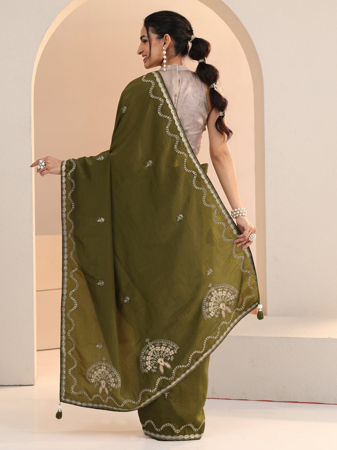  Libas Henna Green Embroidered Silk Blend Saree 