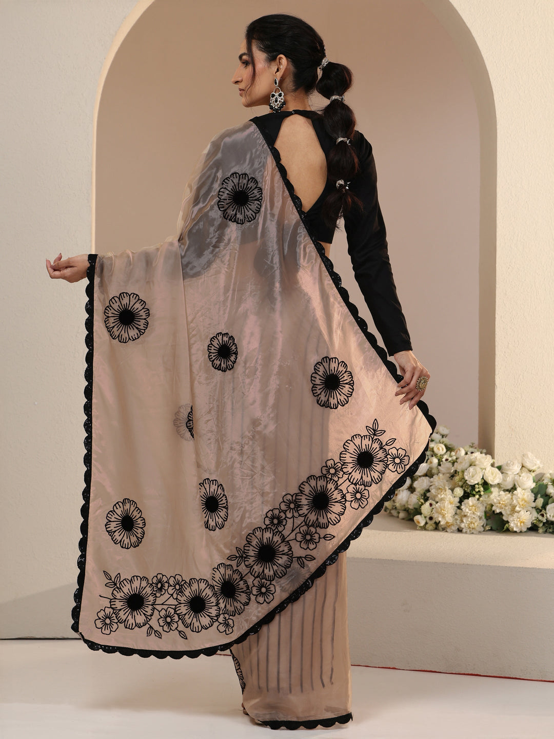  Libas Beige Floral Embroidered Tissue Saree with Scalloped Border 