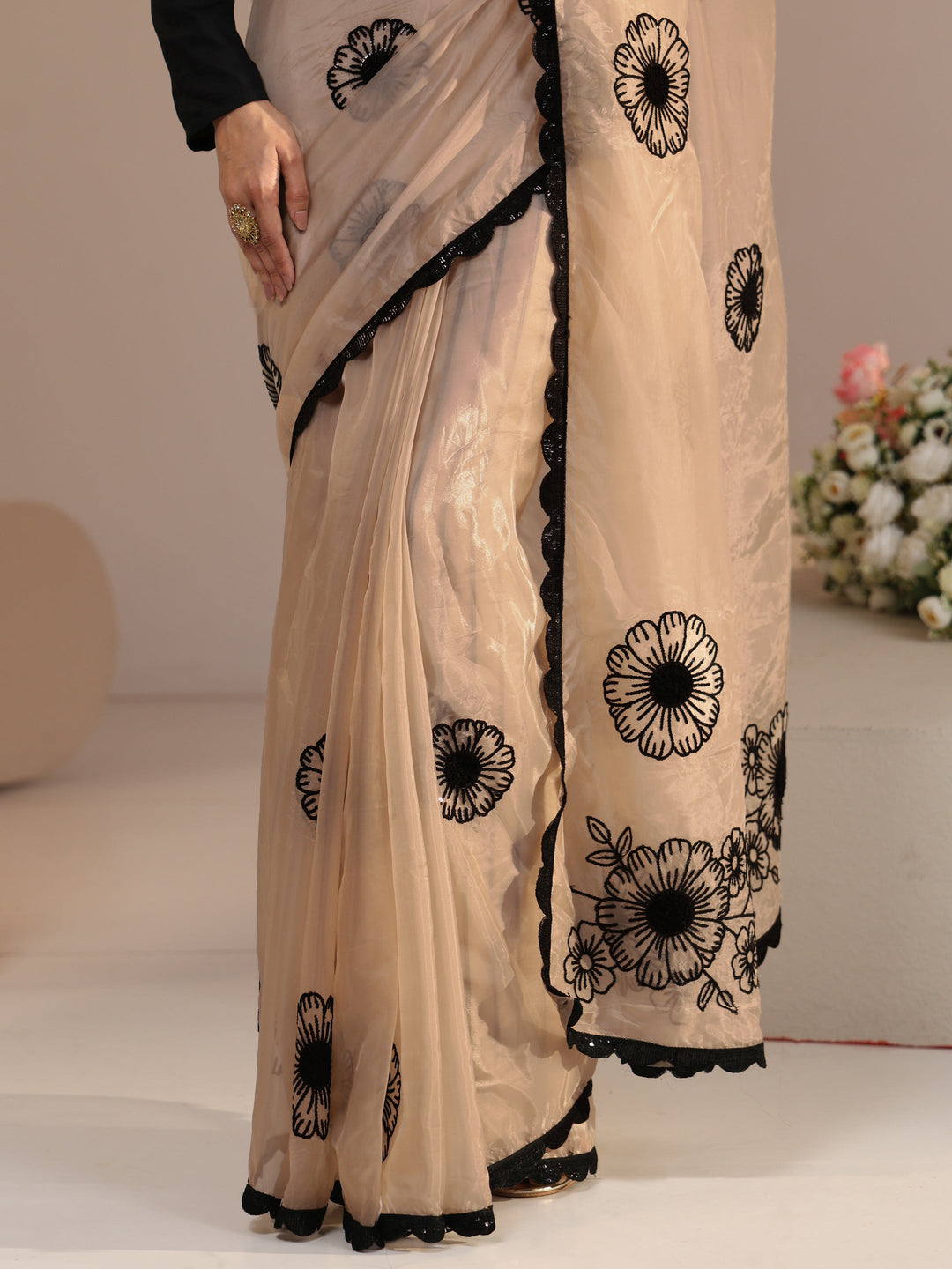  Libas Beige Floral Embroidered Tissue Saree with Scalloped Border 