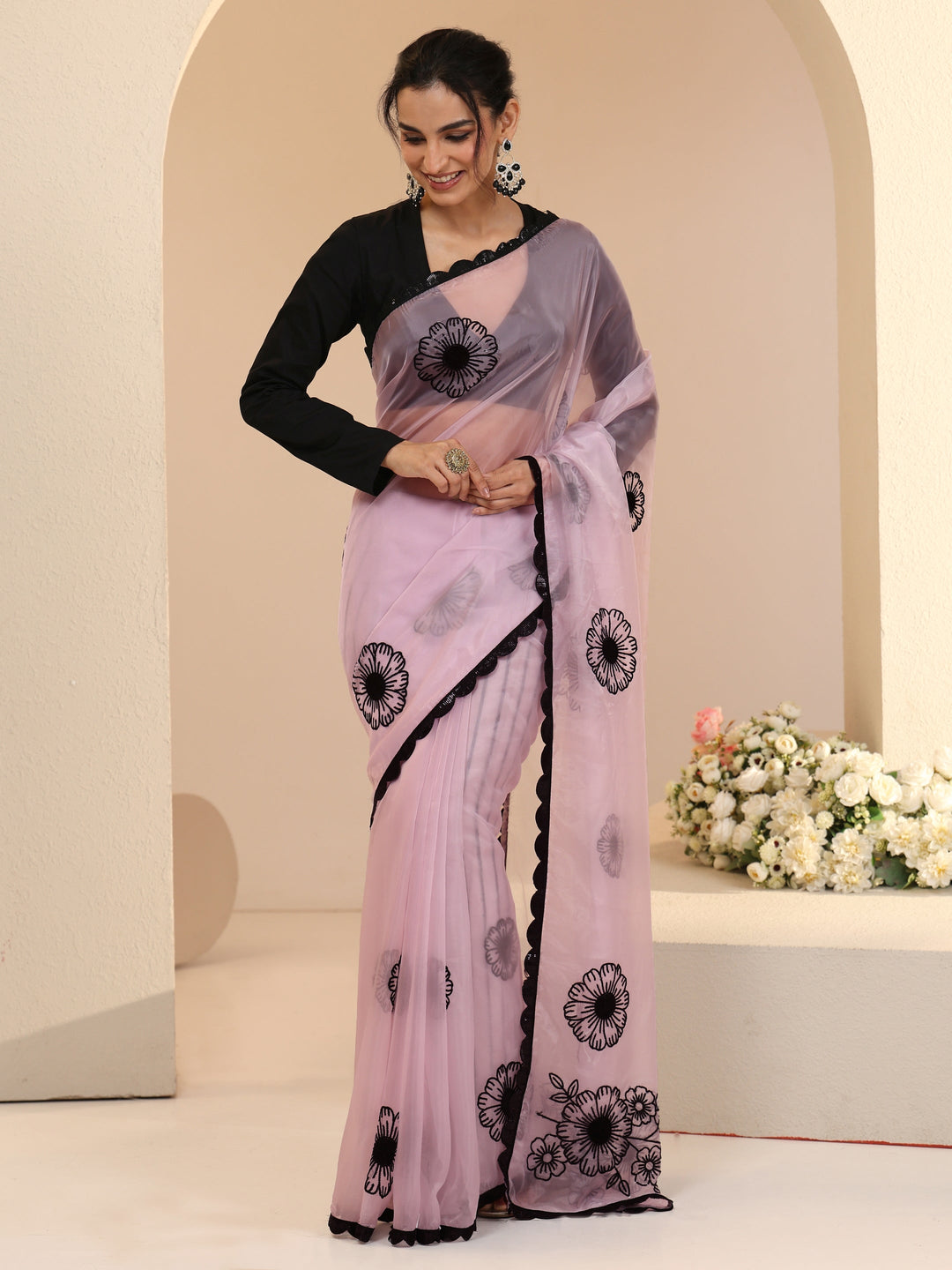  Libas Baby Pink Floral Embroidered Tissue Saree with Scalloped Border 