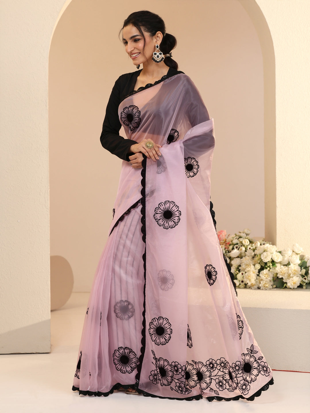  Libas Baby Pink Floral Embroidered Tissue Saree with Scalloped Border 
