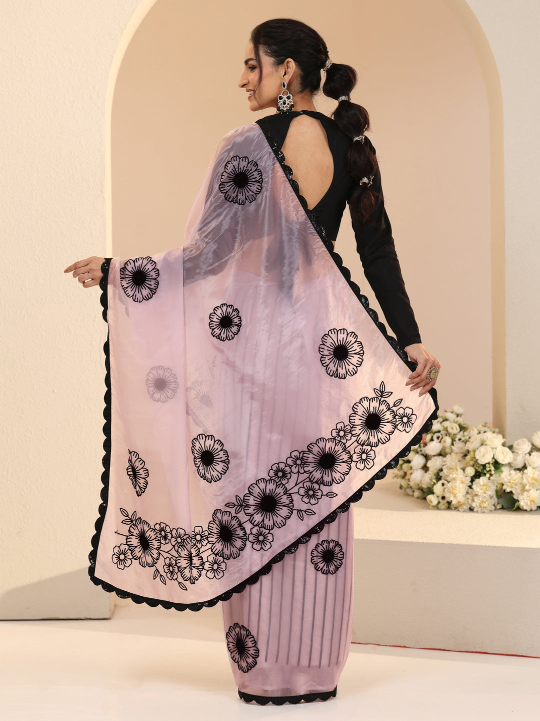  Libas Baby Pink Floral Embroidered Tissue Saree with Scalloped Border 