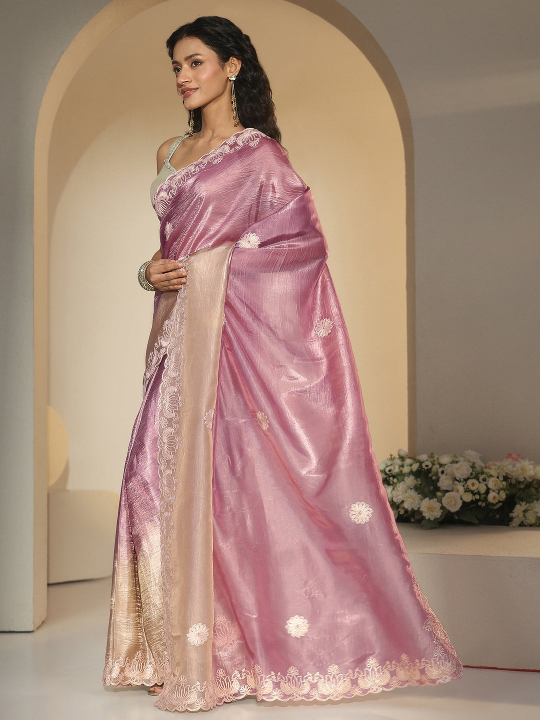  Libas Lavender Floral Embroidered Tissue Saree 