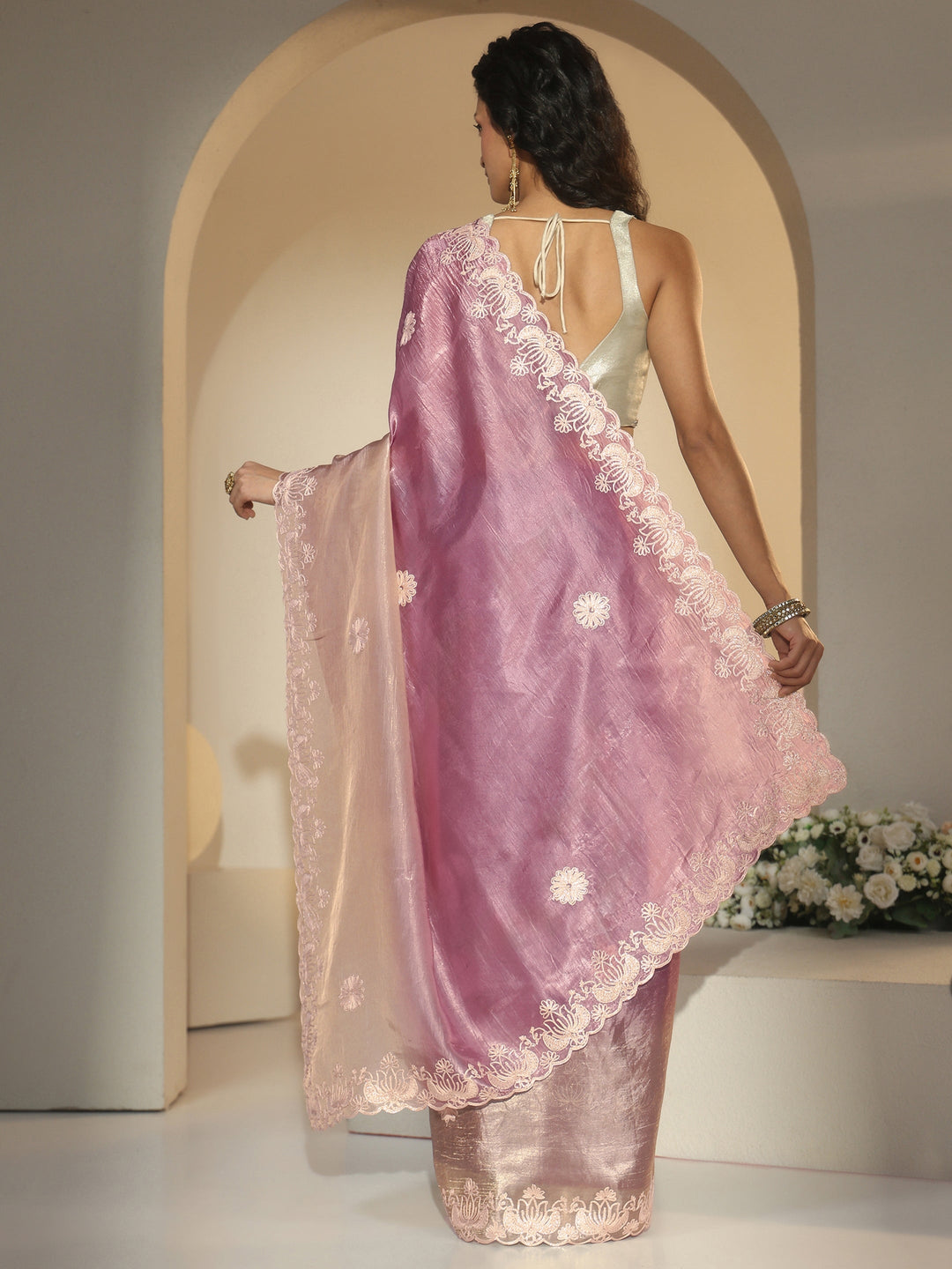  Libas Lavender Floral Embroidered Tissue Saree 