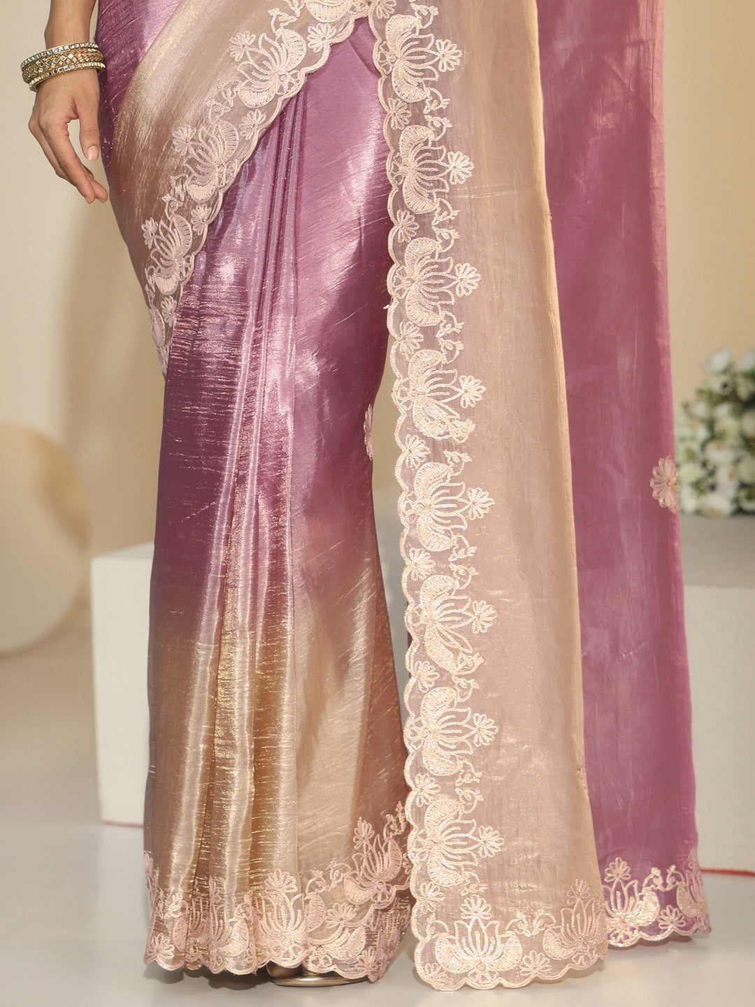  Libas Lavender Floral Embroidered Tissue Saree 