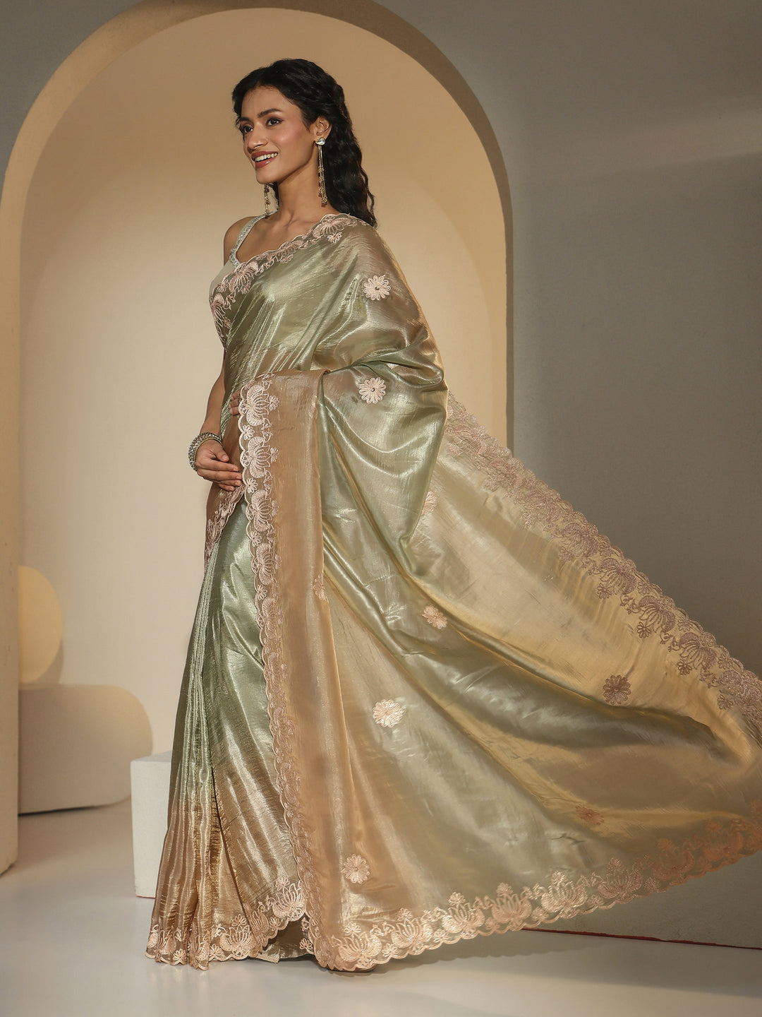  Libas Sage Green Floral Embroidered Tissue Saree 