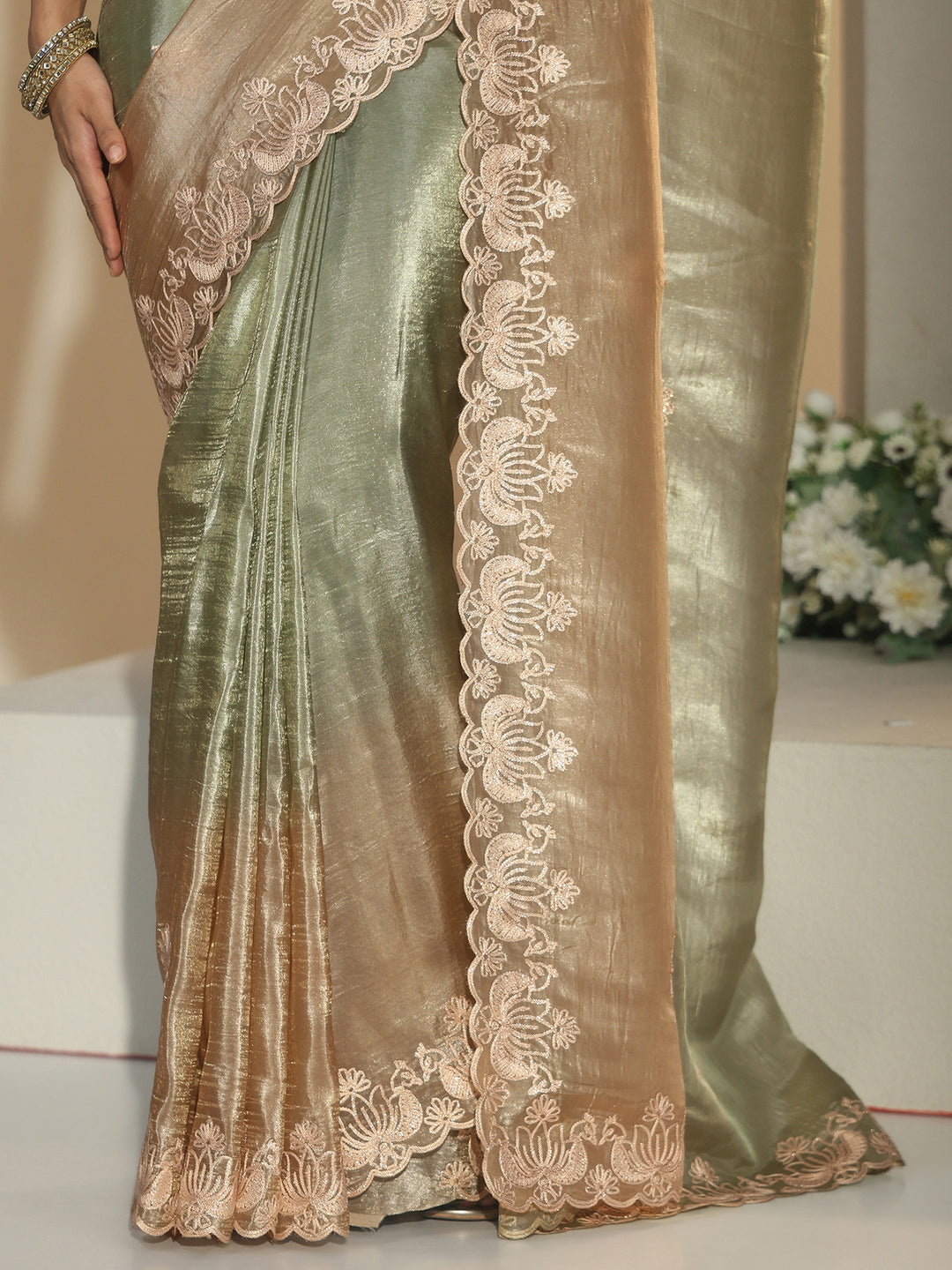  Libas Sage Green Floral Embroidered Tissue Saree 