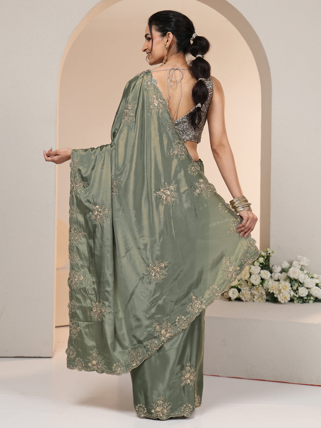  Libas Dusty Olive Green Floral Embroidered Silk Blend Saree 