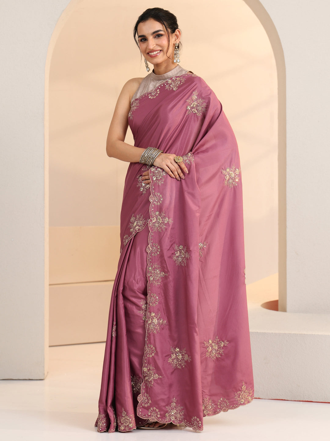  Libas Dusty Rose Pink Floral Embroidered Silk Blend Saree 