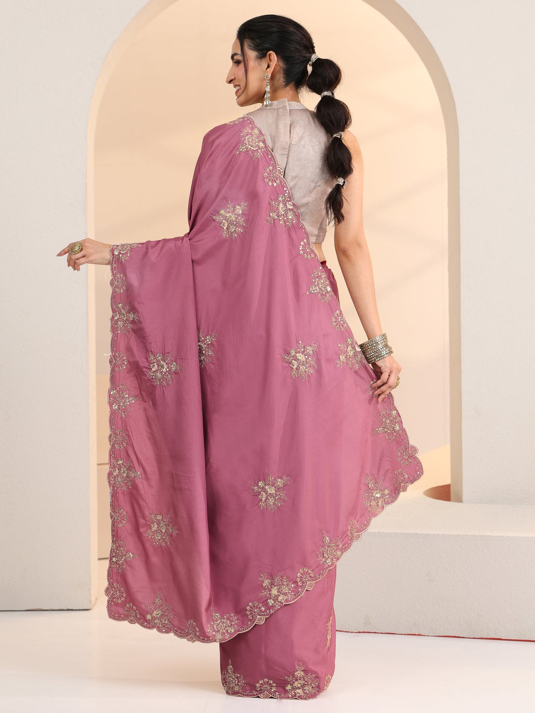  Libas Dusty Rose Pink Floral Embroidered Silk Blend Saree 