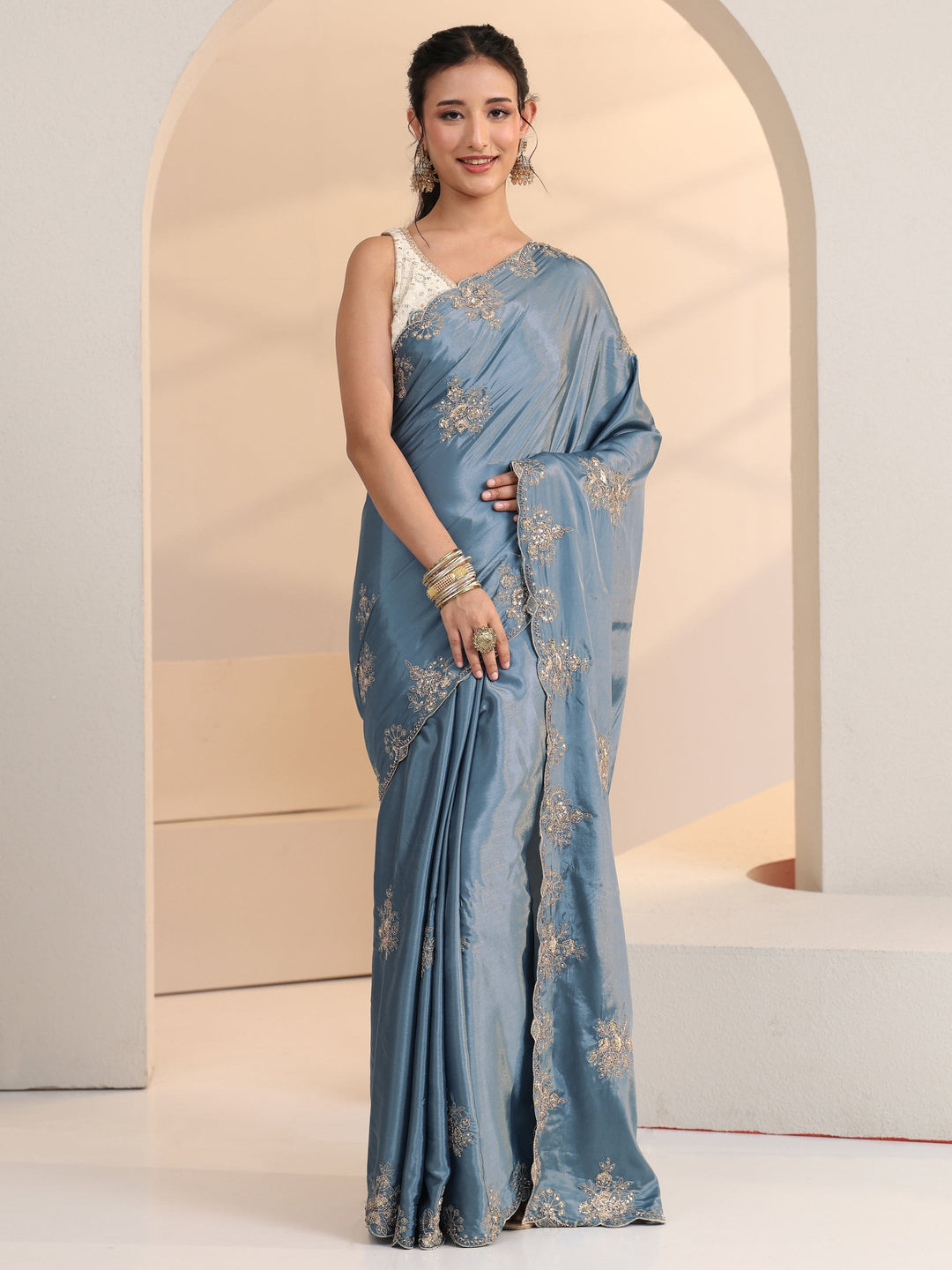  Libas Dusty Blue Floral Embroidered Silk Saree 