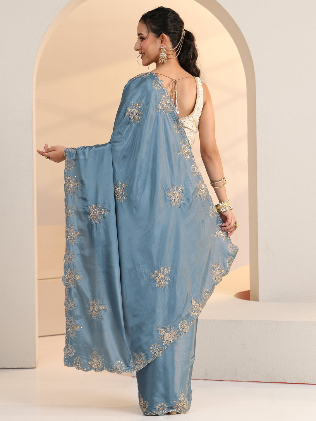  Libas Dusty Blue Floral Embroidered Silk Saree 