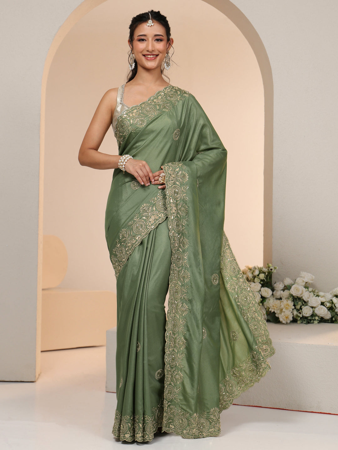  Libas Sage Green Embroidered Silk Blend Saree 