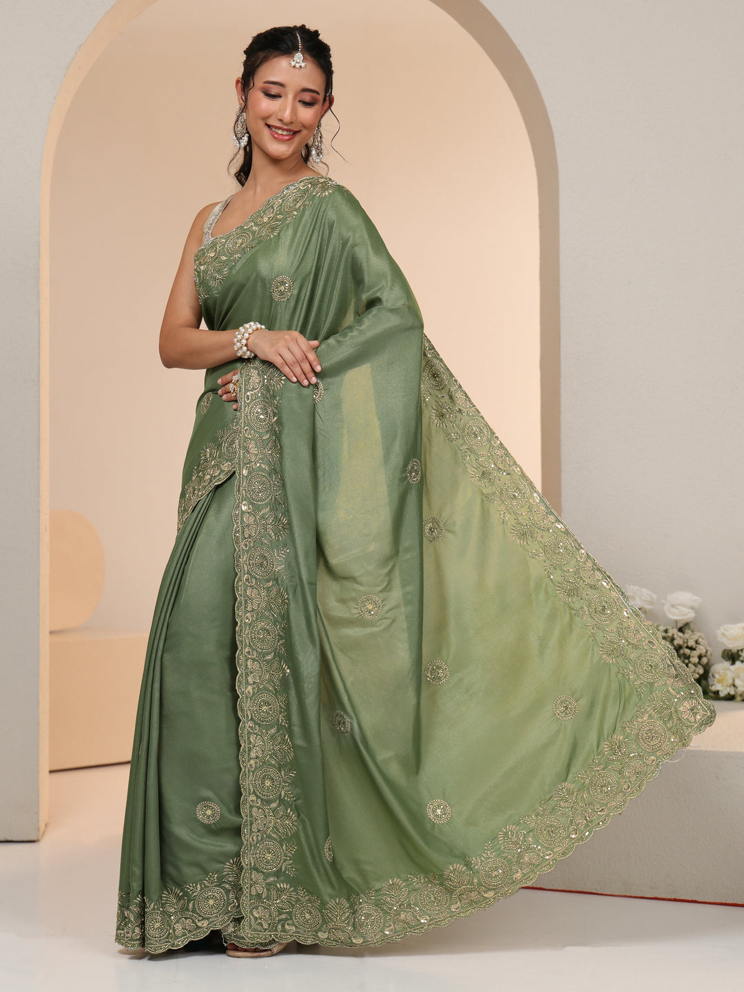  Libas Sage Green Embroidered Silk Blend Saree 