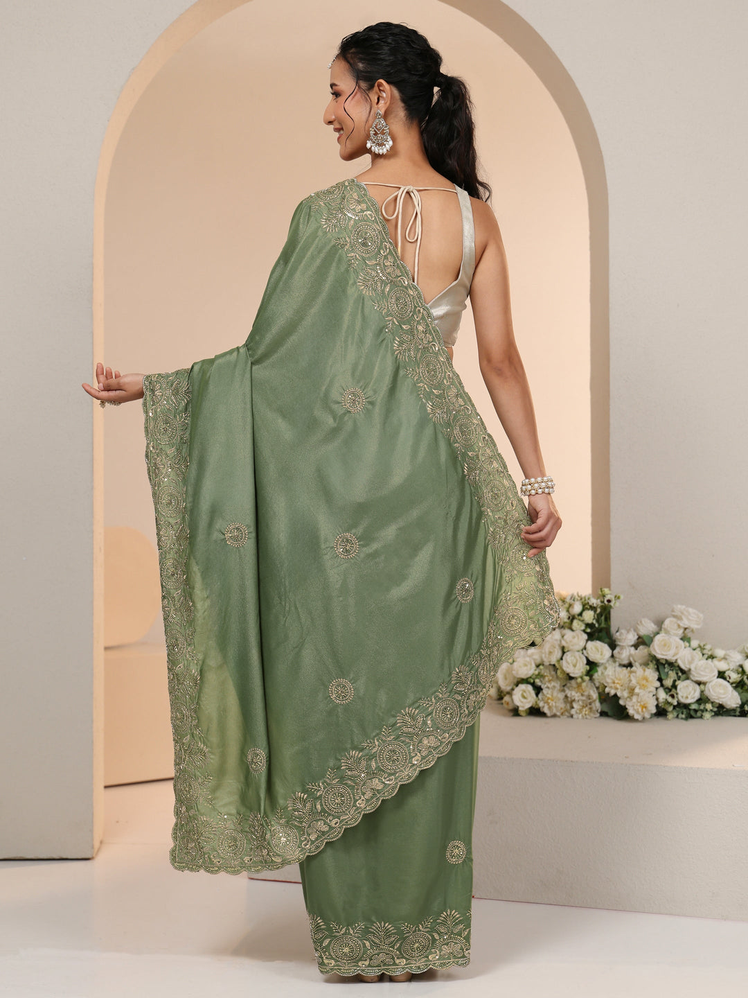  Libas Sage Green Embroidered Silk Blend Saree 