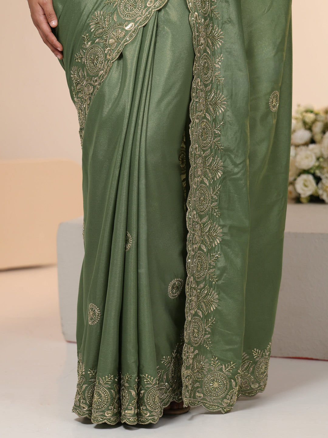  Libas Sage Green Embroidered Silk Blend Saree 