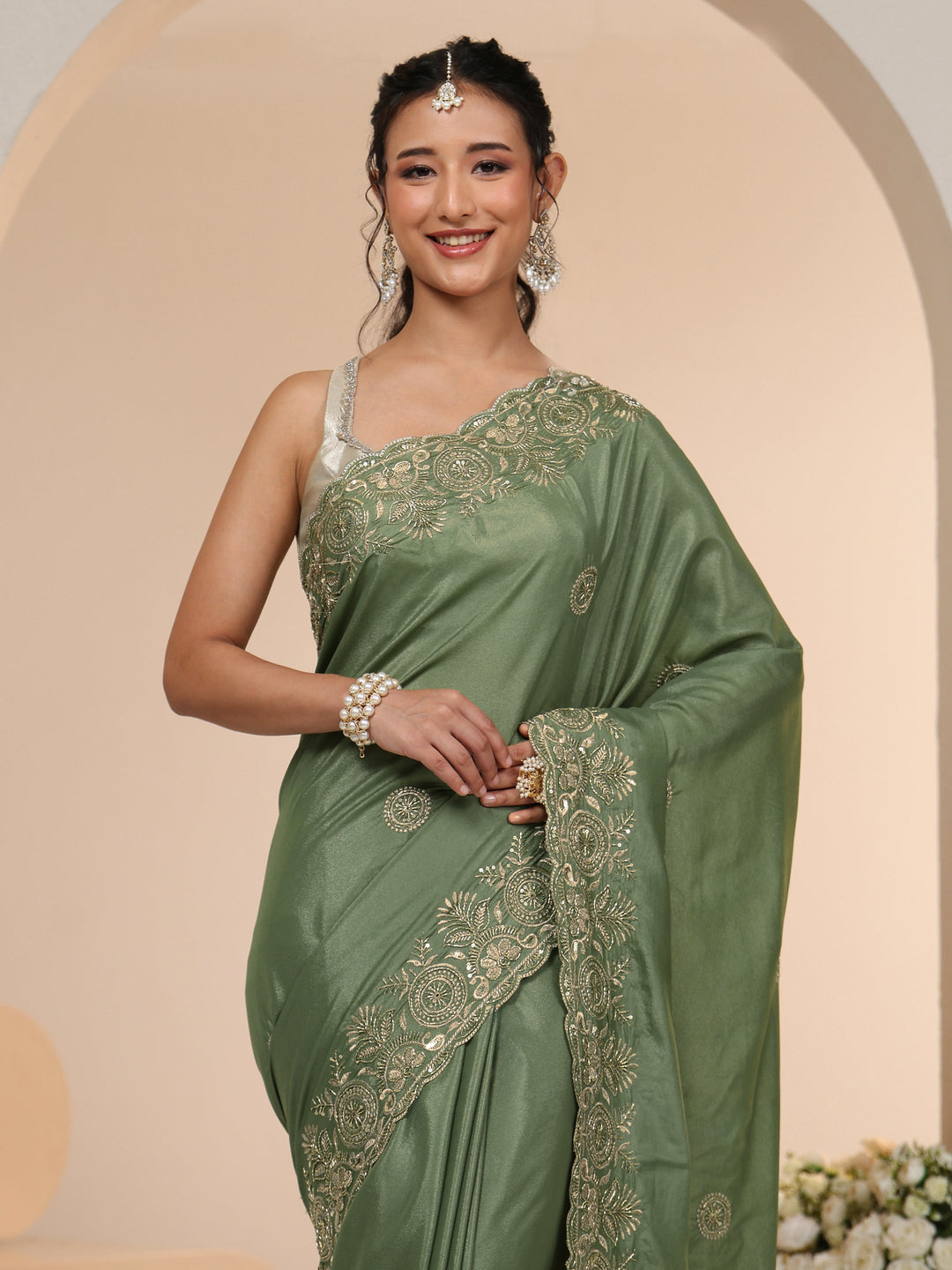  Libas Sage Green Embroidered Silk Blend Saree 