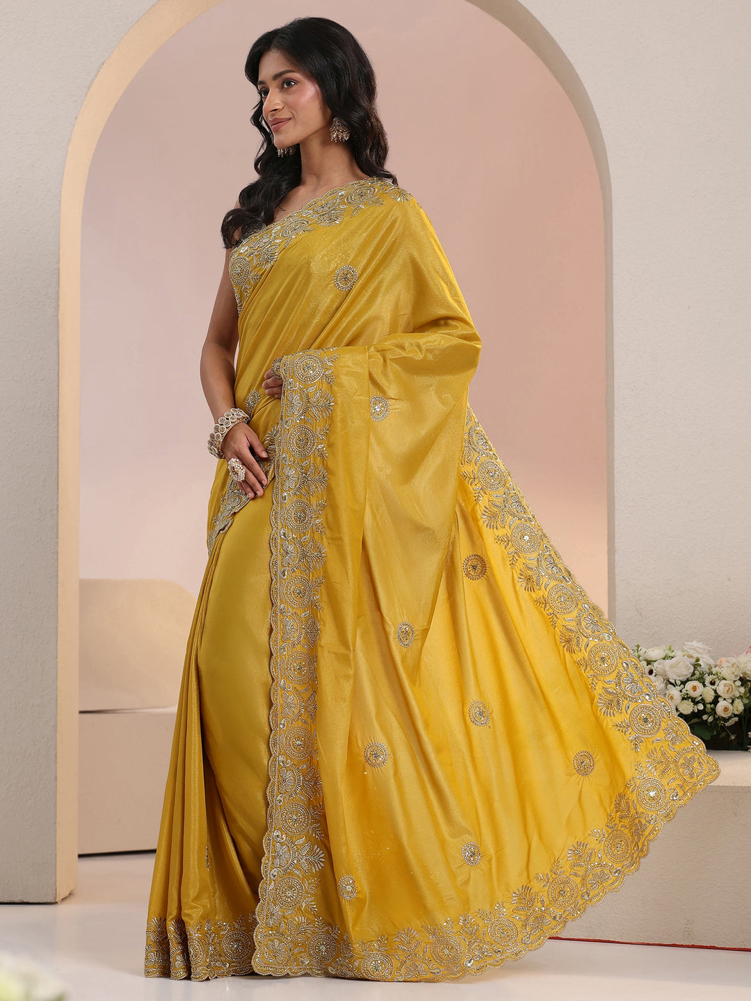  Libas Mustard Embroidered Silk Blend Saree 