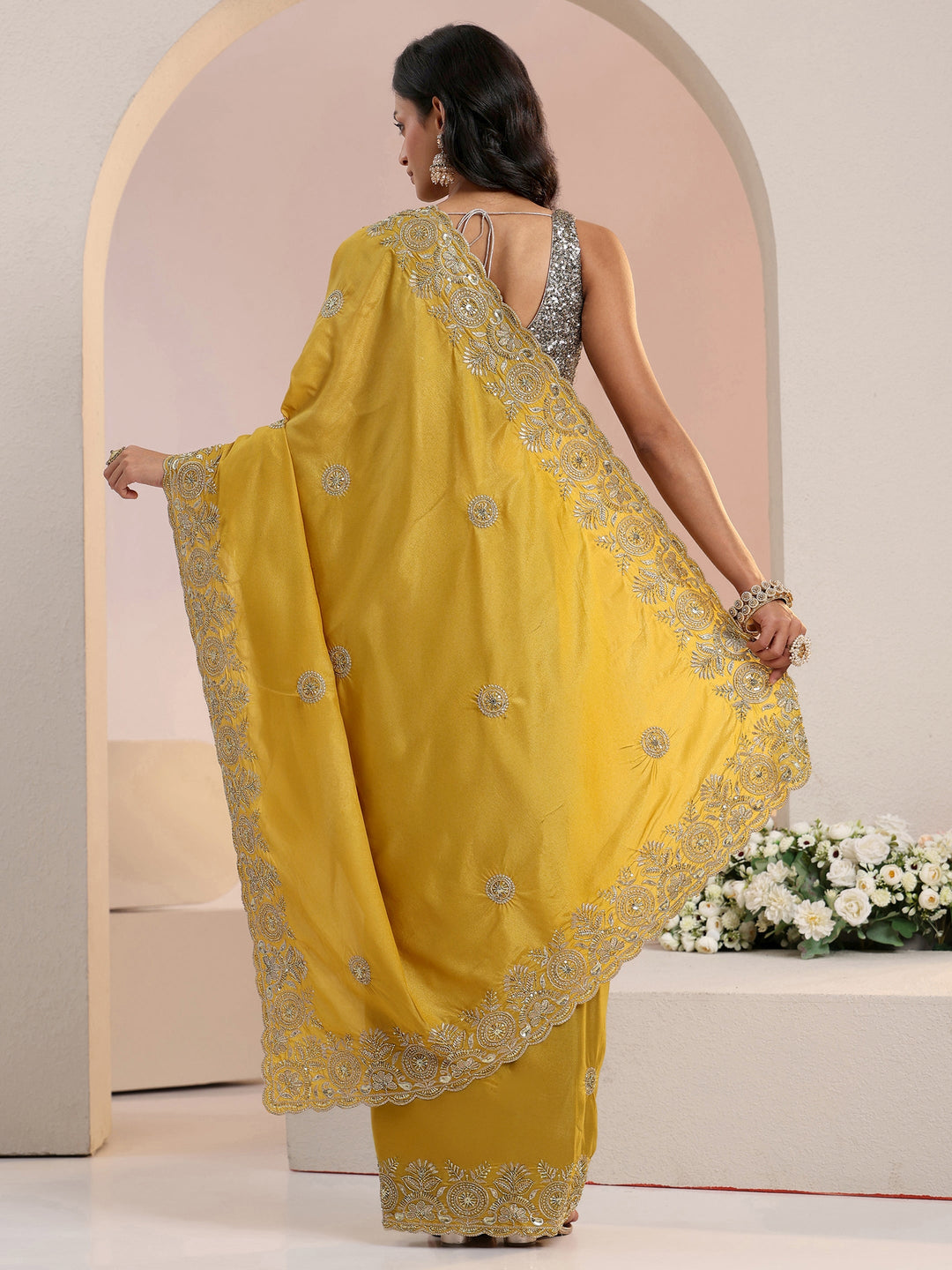  Libas Mustard Embroidered Silk Blend Saree 
