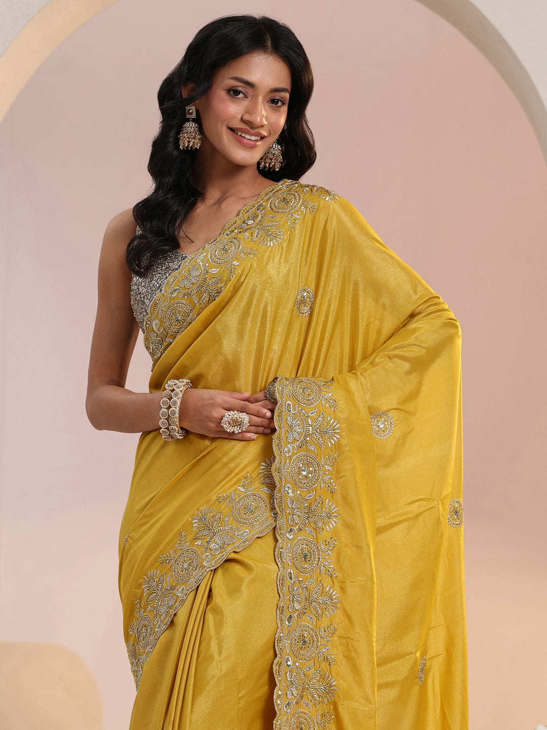 Libas Mustard Embroidered Silk Blend Saree 