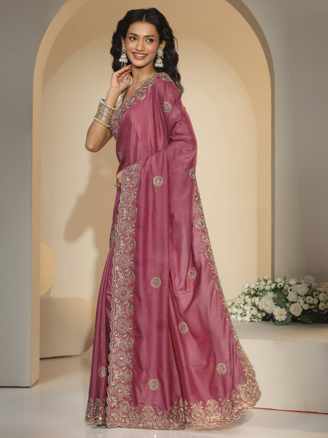  Libas Dusty Rose Pink Embroidered Silk Blend Saree 