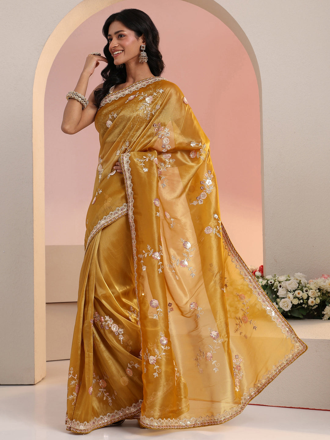  Libas Mustard Floral Embellished Tissue Saree 