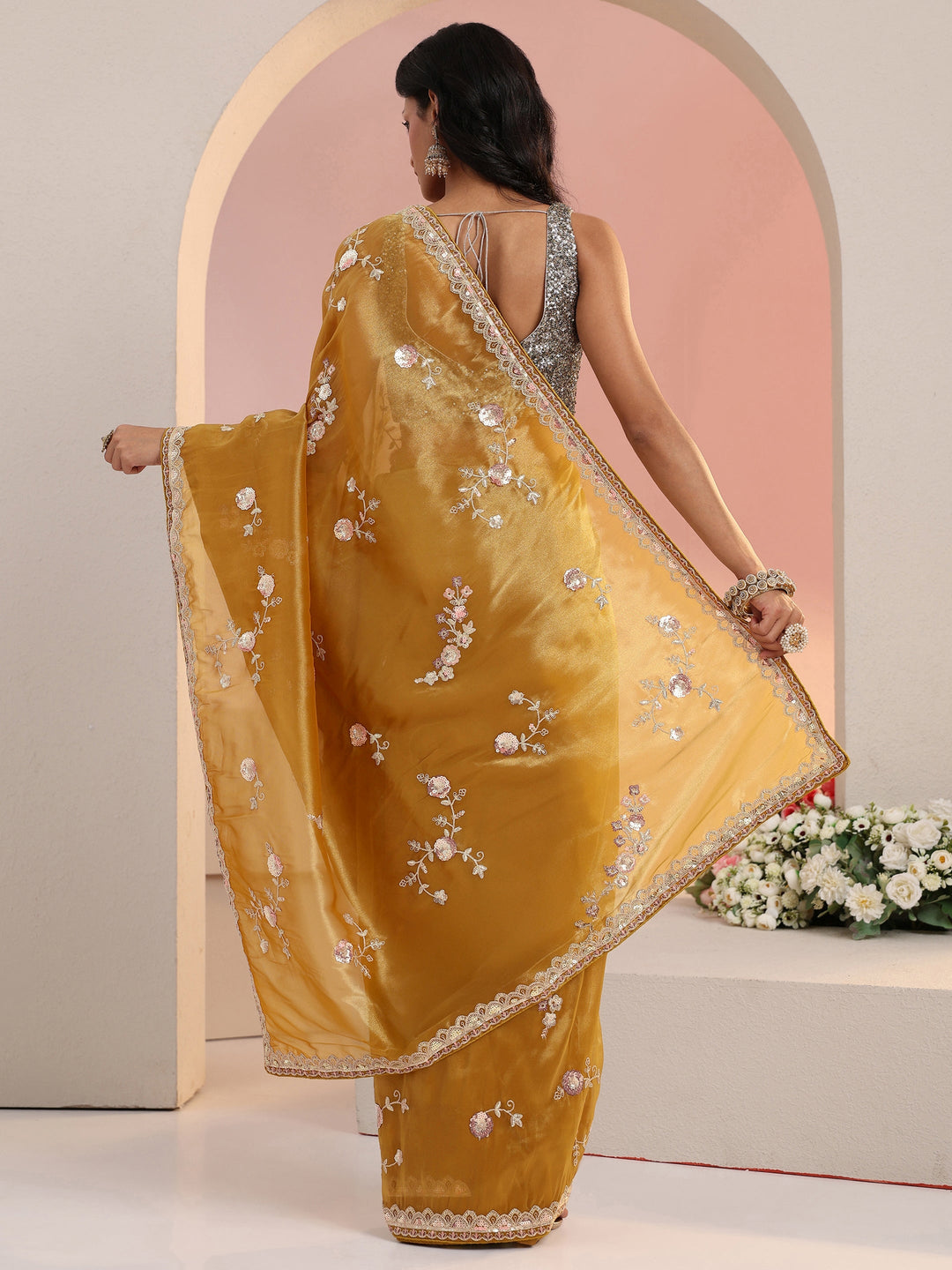  Libas Mustard Floral Embellished Tissue Saree 