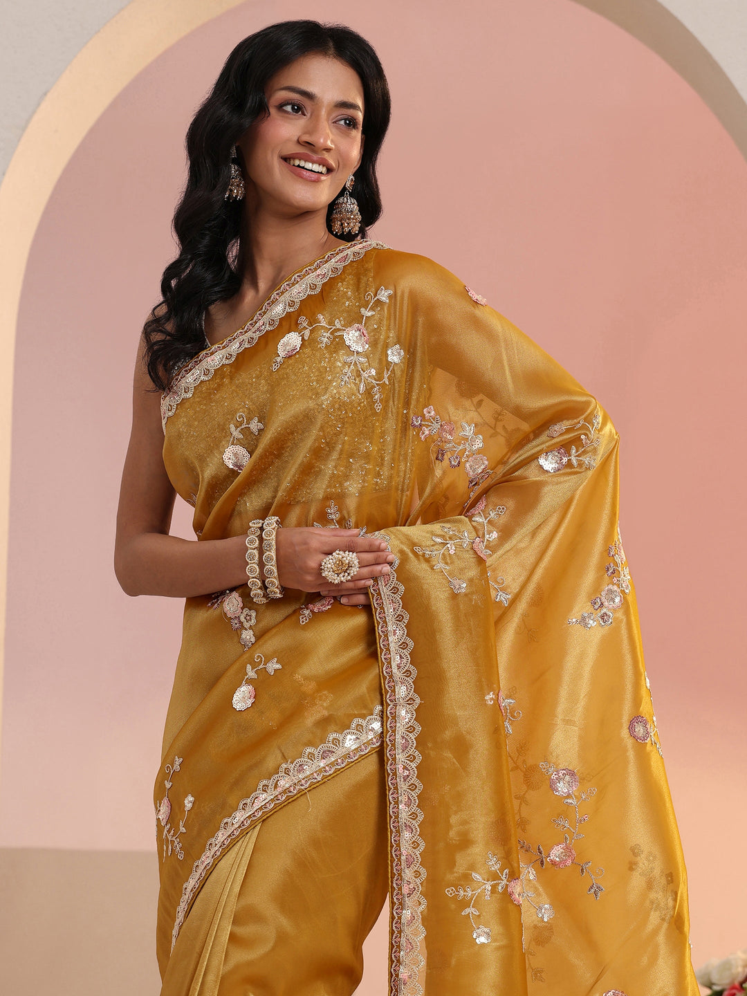  Libas Mustard Floral Embellished Tissue Saree 