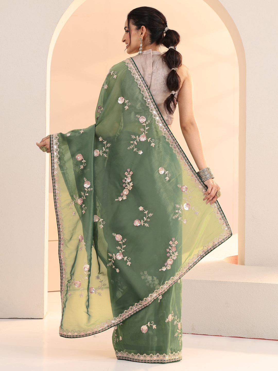  Libas Sage Green Floral Embellished Tissue Saree 