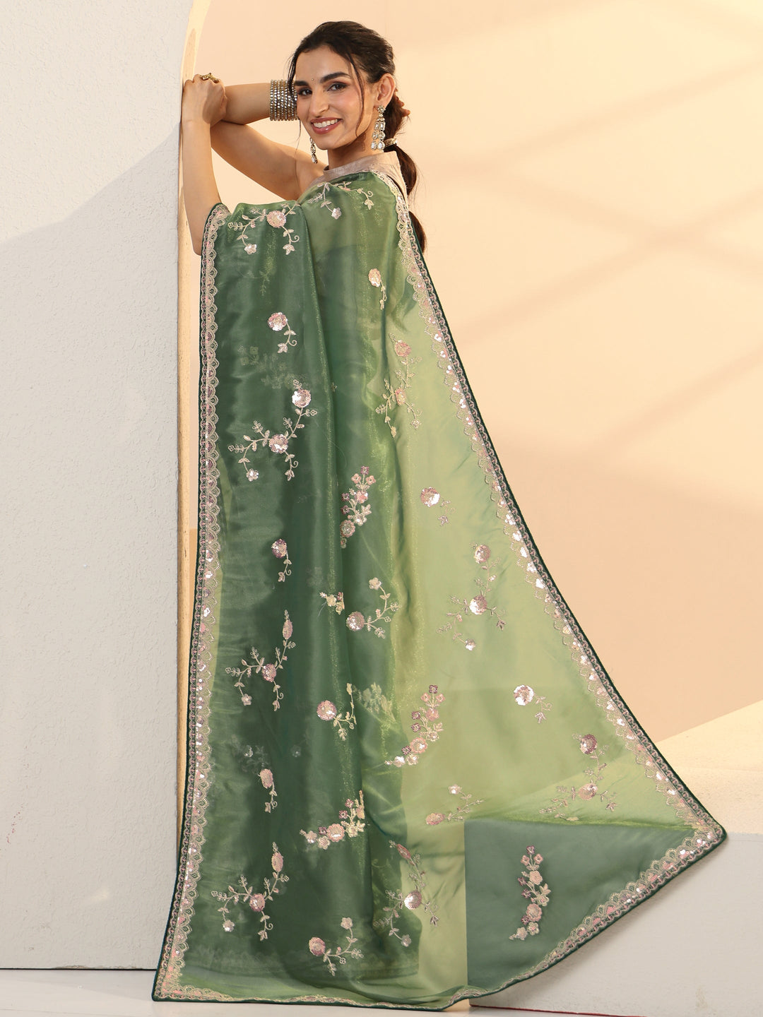  Libas Sage Green Floral Embellished Tissue Saree 