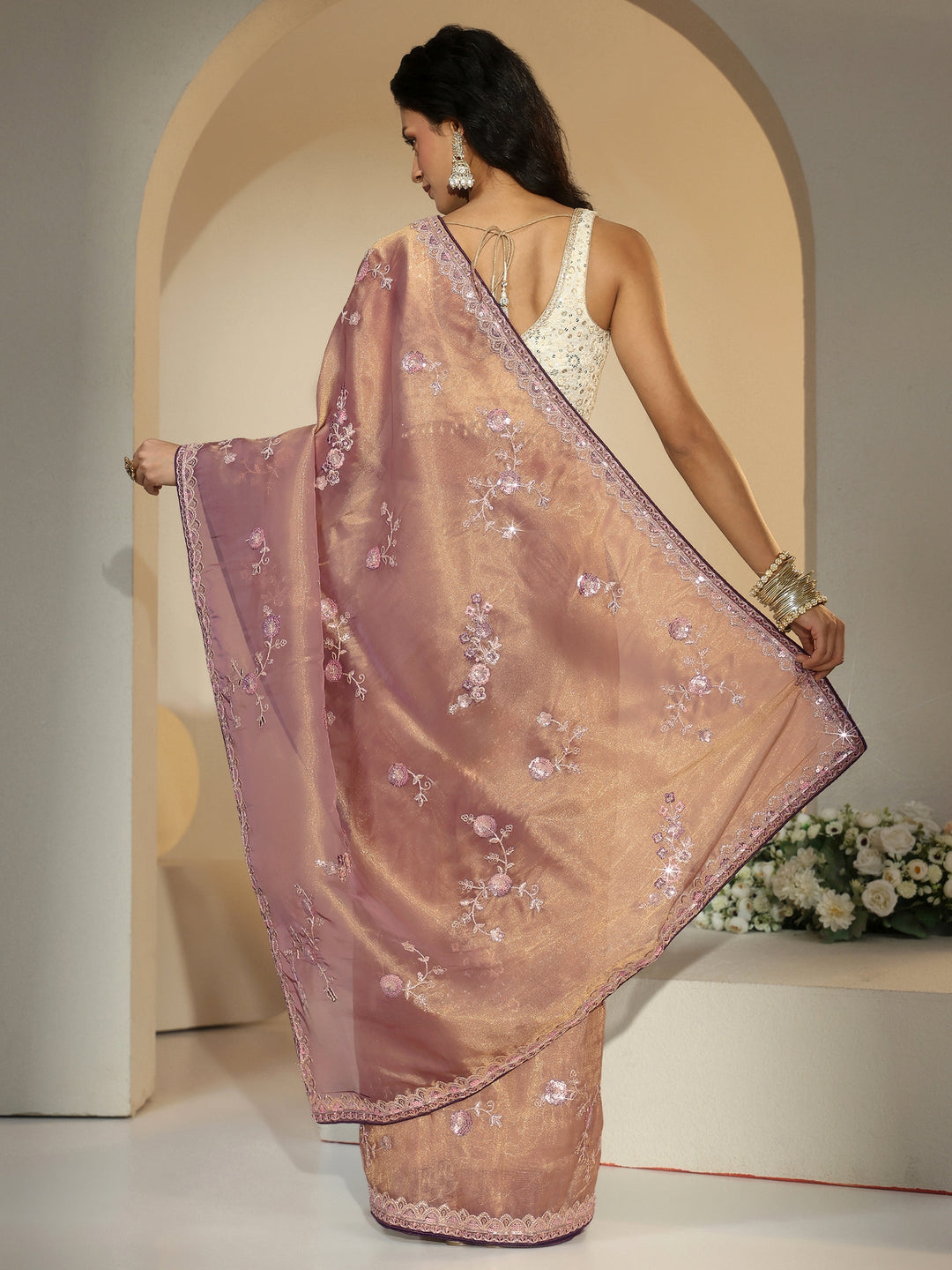  Libas Taupe Floral Embellished Tissue Saree 