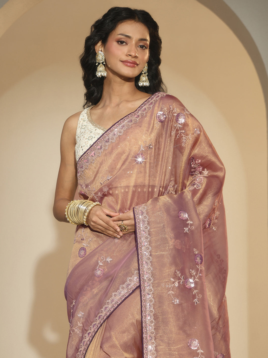  Libas Taupe Floral Embellished Tissue Saree 