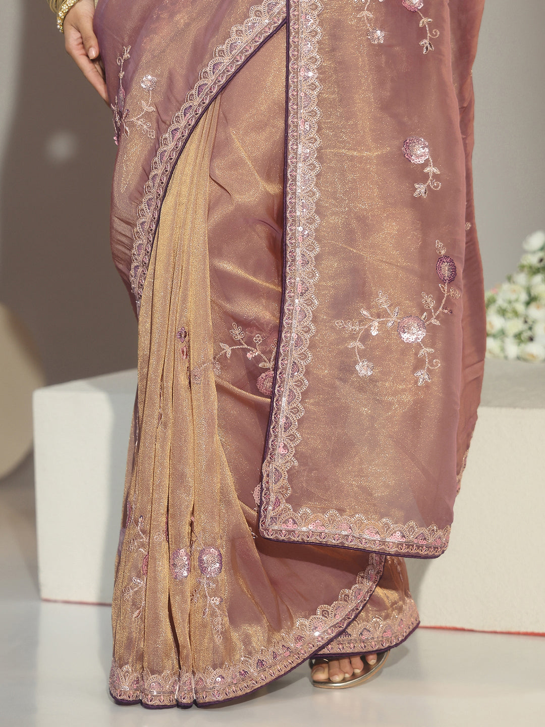  Libas Taupe Floral Embellished Tissue Saree 