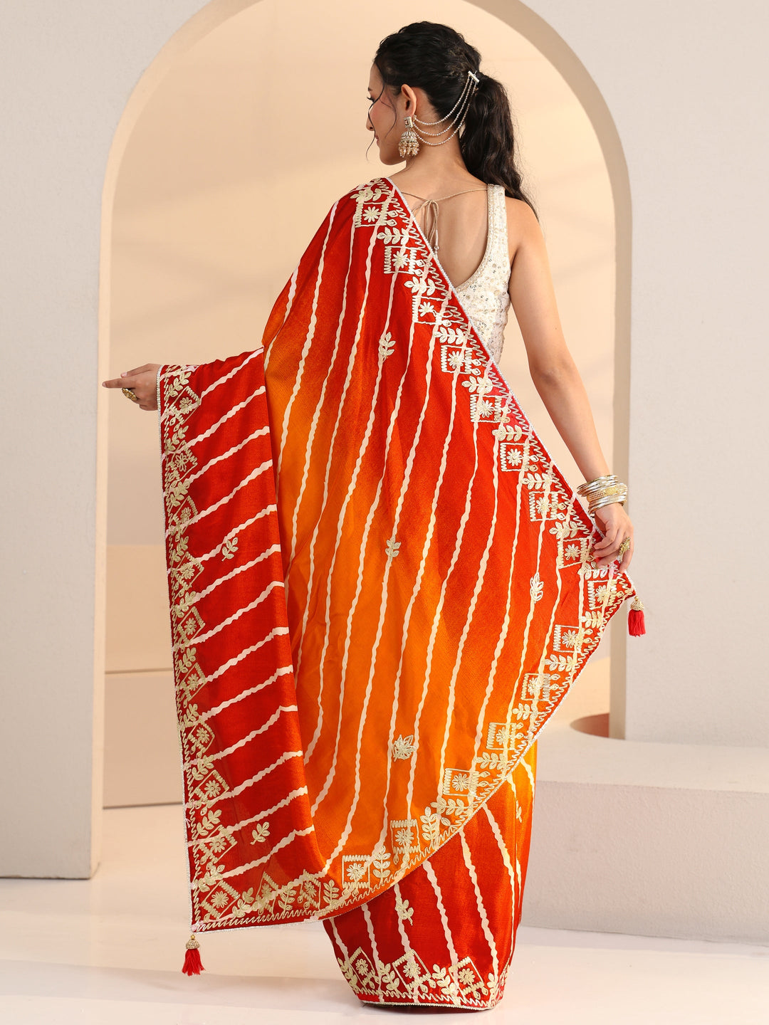  Libas Orange Leheriya Printed Ombre Silk Blend Saree 