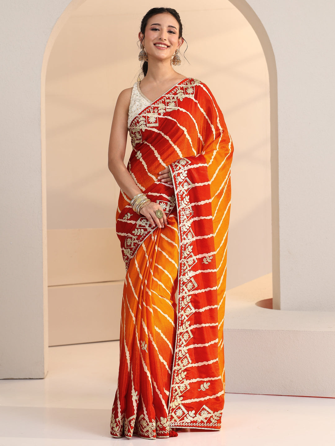  Libas Orange Leheriya Printed Ombre Silk Blend Saree 