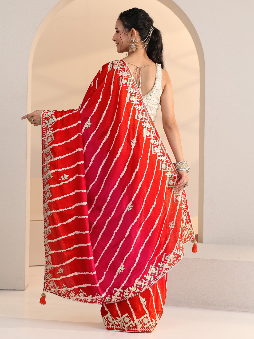  Libas Hot Pink Leheriya Printed Ombre Silk Blend Saree 