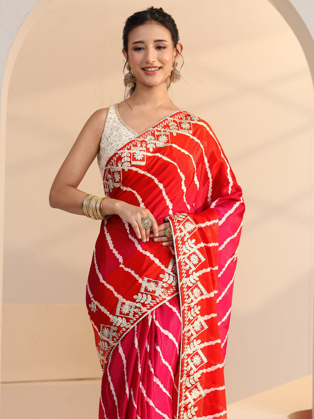  Libas Hot Pink Leheriya Printed Ombre Silk Blend Saree 