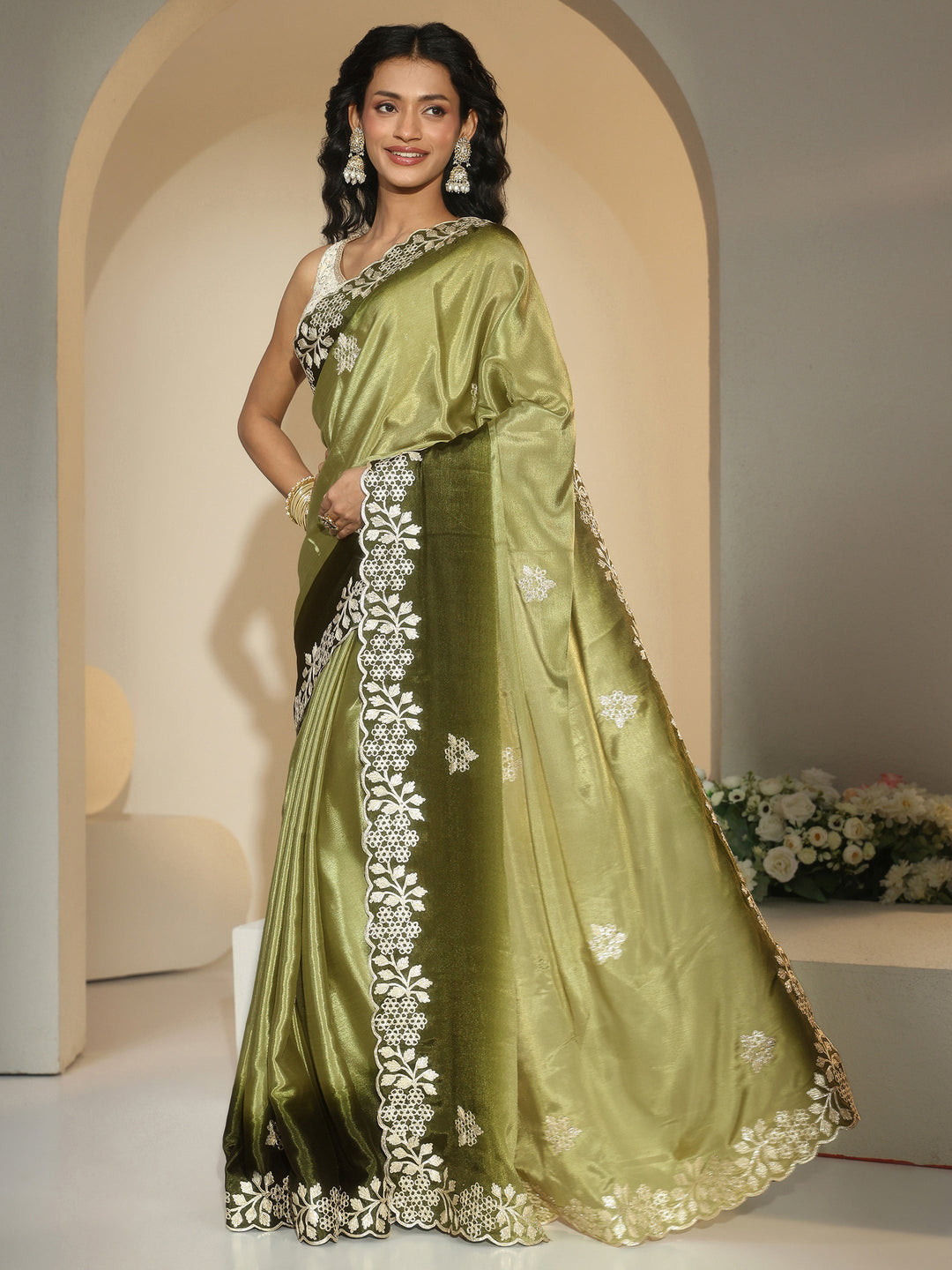  Libas Forest Green Floral Embroidered Ombre Silk Blend Saree 