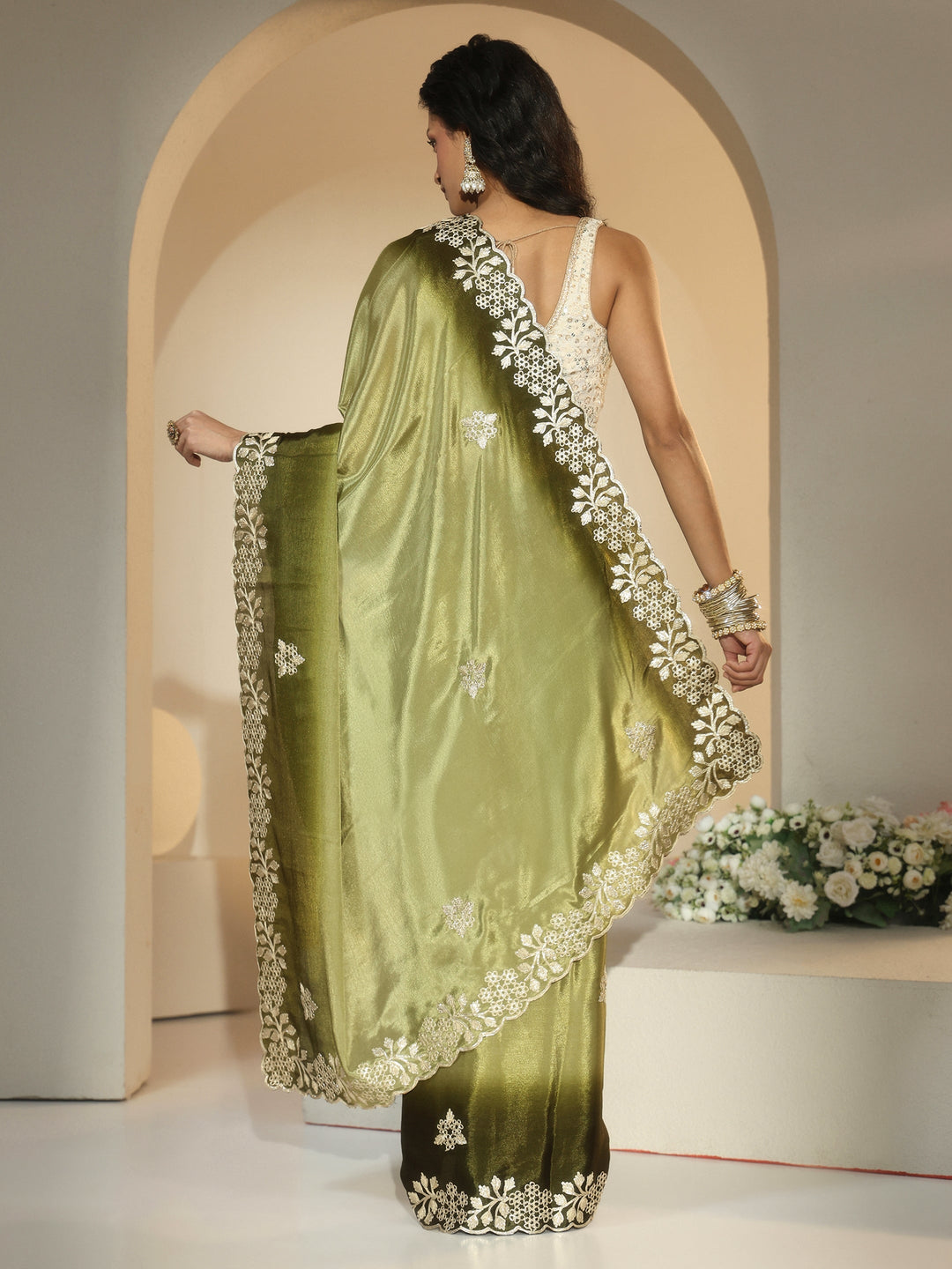  Libas Forest Green Floral Embroidered Ombre Silk Blend Saree 